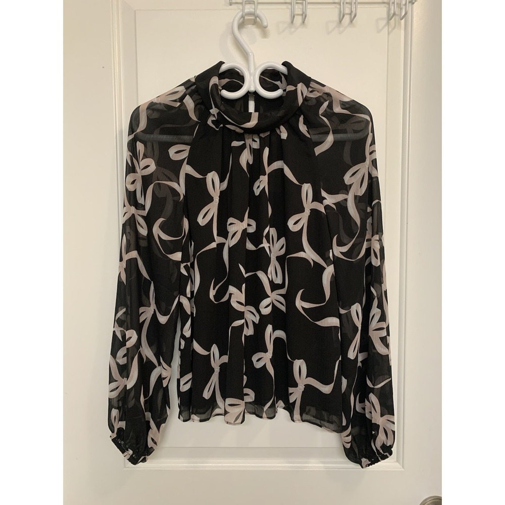 RW & CO. Pink Bow Print Blouse Medium Long Sleeve Feminine Black Sheer Chiffon